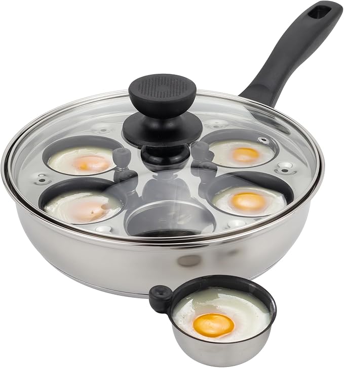 MARSKITOP Egg Poacher, Stainless Steel Poached Eggs Cooker, PFOA Free | 6 Large Nonstick Poached Egg Cups, Cool Touch Handle, Compatible with All Cooktops