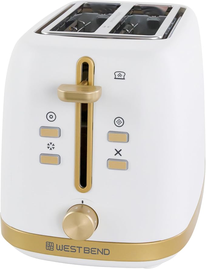 West Bend Timeless 2-Slice Toaster with 7 Browning Levels, Bagel/Waffle/Defrost Settings, High-Lift Lever, Anti-Jam, Easy-Clean Crumb Tray, 2-Slice, White/Gold