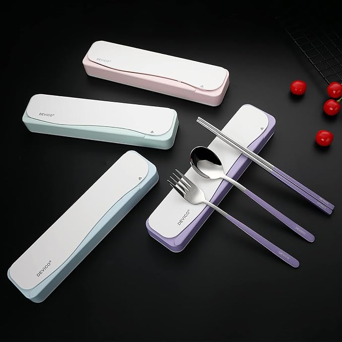 DEVICO Travel Utensils with Case, 4Pcs Portable Silverware Set for Work, 18/8 Stainless Steel Reusable Cutlery, Korean Spoon and Chopsticks Fork for Camping, School, Lunch Box Accessories (Purple)