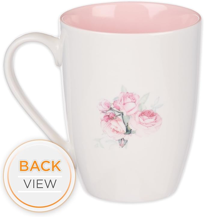 Christian Art Gifts Encouraging Golden Scripture Ceramic Coffee & Tea Mug for Women: He Gives Me New Strength Inspirational Psalm Bible Verse, Cadmium/Lead-free Novelty Cup, White/Pink Floral, 12 oz.