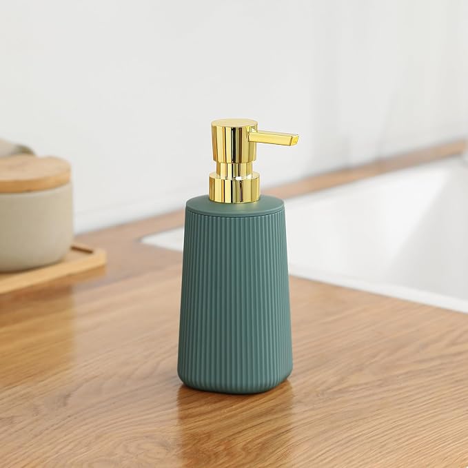 YAUKPH Small Soap Dispenser for Bathroom and Kitchen Matte Green and Gold | Modern Farmhouse Striped Style Plastic Hand Soap Dish Soap Dispenser with Pump