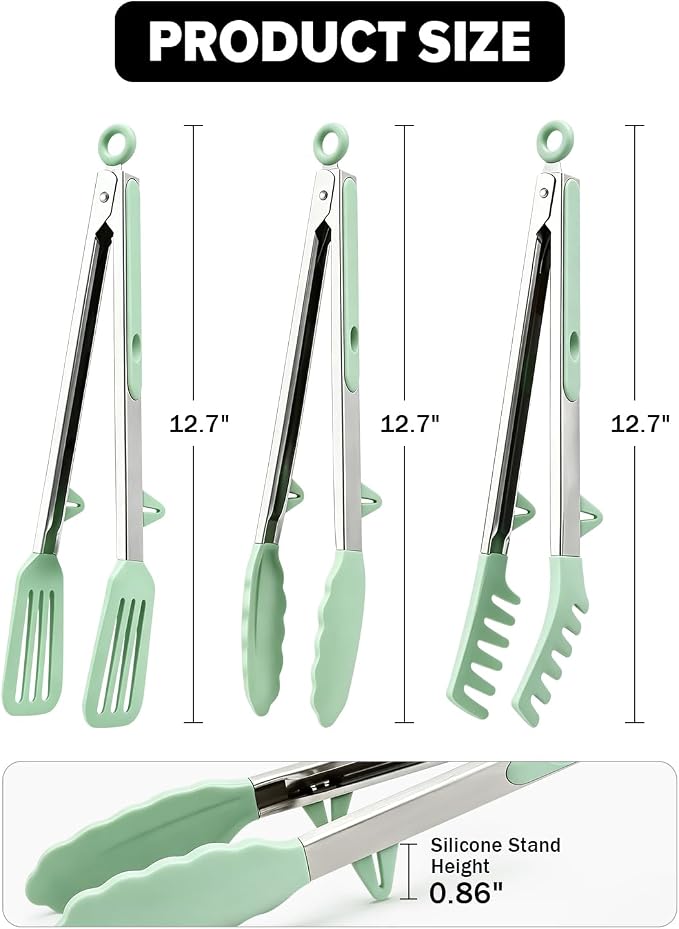 Kitchen Tongs for Cooking, Non Scratch Silicone Tip for Nonstick Cooking Pans, Food Grade Mini Serving Tongs, Pull Lock, Set of 3 (Green, 12 inch)