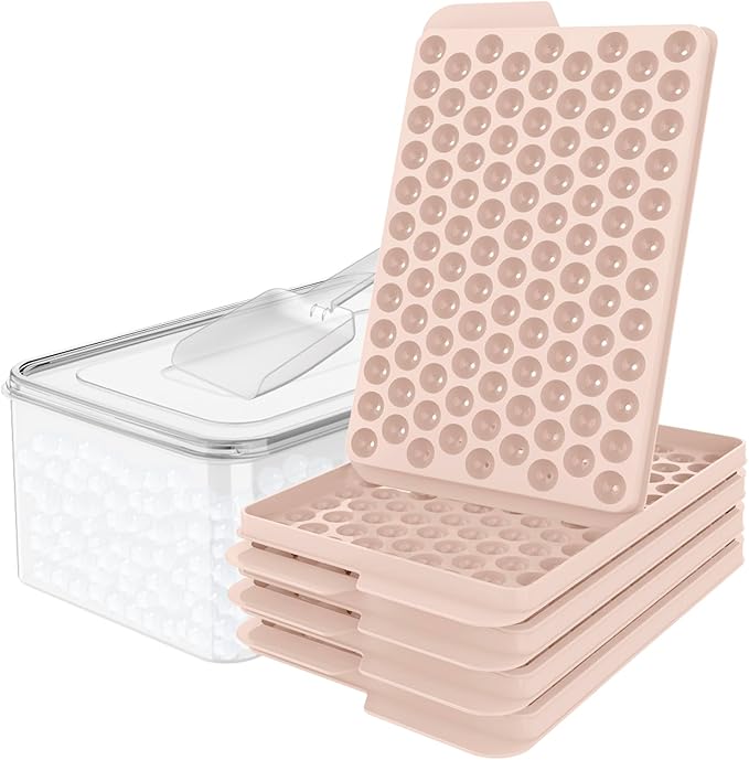 Mini Ice Cube Trays for Freezer with Lid, 0.55" Pebble Ice | 4 Trays-Pink, with Ice Box & Scoop. for Iced Coffee, Bottles, Juice & Everyday Drinks, Easy Twist Release, Stackable