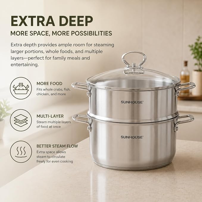 SUNHOUSE 9.3 QT Stainless Steel Steamer Pot for Cooking with Glass Lid | 5.5 QT Steamer Basket & 3.8 QT Stockpot - 2-Tier Large Vegetable Steamer Food with Stay-Cool Handles - Tri-ply Induction Base