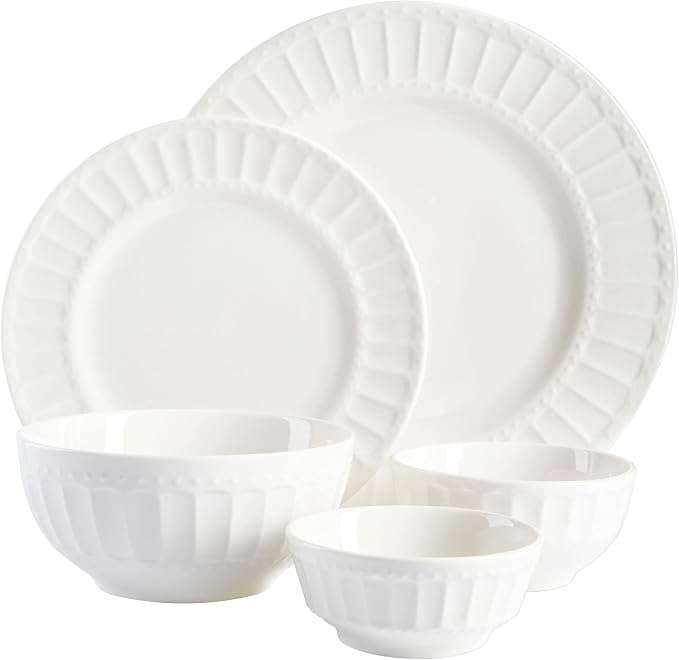 Gibson Home Zen Buffet Porcelain Ceramic Dinnerware Sets for 8, Plates and Bowls Set (40pcs), White Embossed Dishes