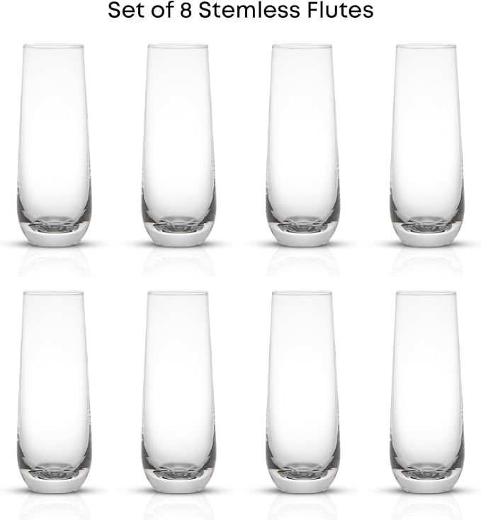 JoyJolt Milo Stemless Champagne Flutes Set of 8 Crystal Glasses. 9.5oz Prosecco Wine Flute, Mimosa Glasses, Cocktail Glass Set, Water Highball Glass, Bar Glassware