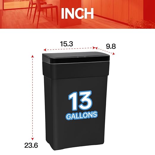 BestOffice 13 Gallon Kitchen Trash Can, Touchless Automatic Lid, Black | Plastic, Hands-free disposal, Odor Control, ,Wipe-clean surface,50Liter for Kitchen, Office, Indoor Use