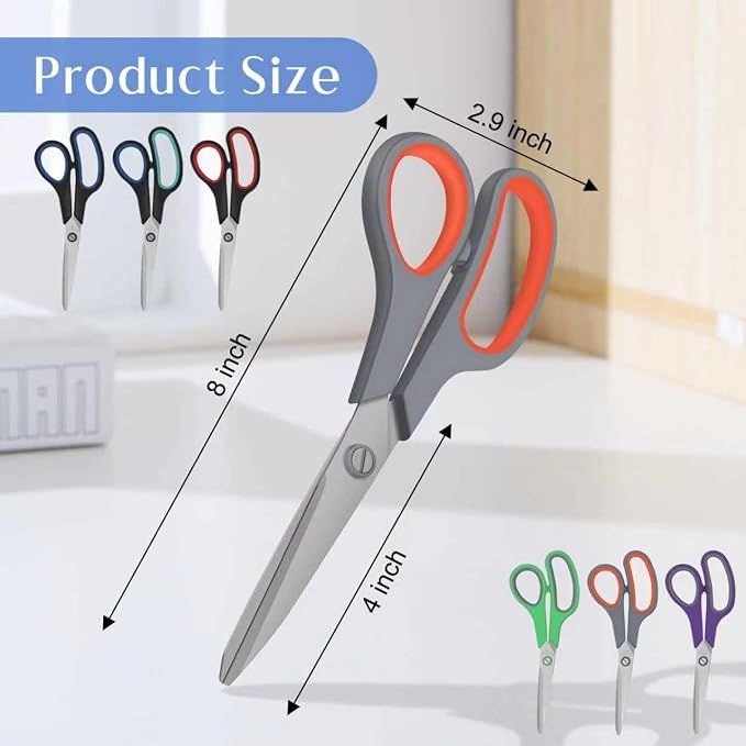 Scissors, Set of 6 EEKEDO Scissors All Purpose 8" for Office Home Craft Sewing Fabric Teacher School Supplies, Right/Left Handed, Soft-Grip Handles, Sharp Blade