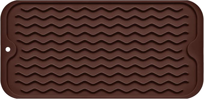 Silicone Dish Drying Mat, Non-Slip Easy Clean Sink Mat, Coffee, 12" x 6" | Quick-Dry Ridges, Hangable & Roll-Up for Storage, Dishwasher Safe