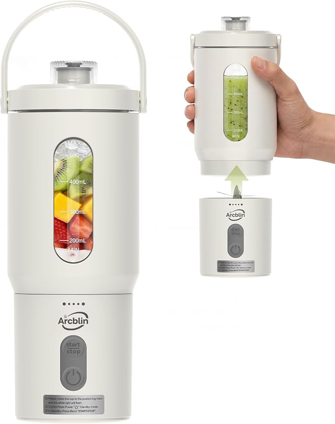 Portable Blender Shakes & Smoothies, Small Personal Blender, White | 17oz Detachable To-Go Cup, Carry Handle, USB-C Rechargeable, 6-Leaf Stainless Blades, Auto-Shutoff, BPA-Free, Hand Wash