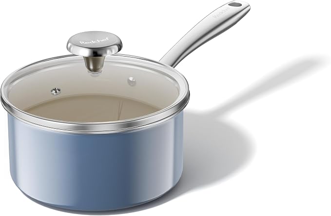 Redchef Nonstick Ceramic Sauce Pan with Lid, 1.8QT Small Cooking Pot with Stay-Cool Handle, Kitchen Non Toxic Soup Pot, PTFE & PFOA Free, Oven & Dishwasher Safe, Compatible with All Stovetops-Blue