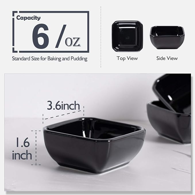 DELLING 6 Oz Square Porcelain Ramekins Set of 6, Oven Safe Creme Brulee Ramekins - Black Ceramic Souffle Dishes, Dishwasher Microwave Freezer Safe Baking Cups for Dessert Custard Pudding