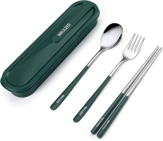 iNKULEER Travel cutlery set, 18/8 stainless steel cutlery, Reusable utensils set with case, Portable Silverware Lunch Box for Camping and Office (Dark Green)