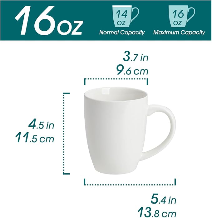 vancasso White Ceramic Coffee Mug Set of 6, 16 Oz Tea Cups with Handle for Latte, Tea, Cappuccino, Milk, Cocoa, Microwave&Dishwasher Safe