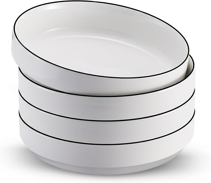 KooK Ceramic Large Pasta Bowls, Microwave and Dishwasher Safe, Great for Soups and Salads, Shallow Serving Bowls, Glossy Porcelain, 47 oz, Set of 4, French