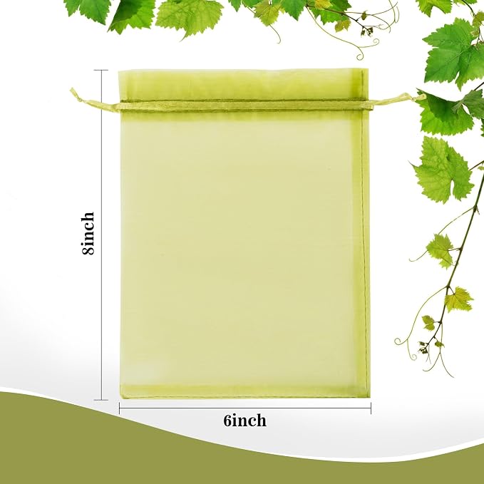 Sukh 50PCS Fruit Protection Bags - 6"x8" Fruit Bags for Tree Fruits Cover | Reusable Garden Mesh Bags Drawstring for Fruits & Vegetables, Green Organza Gift Bags for Jewelry, Candy & Soap, Party Favor