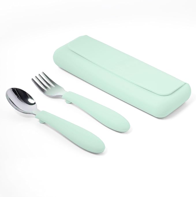 ASOMIC 316 Stainless Steel Toddler Utensils with Travel Case, Mint | 316 stainless steel fork and spoon with BPA-free silicone handles and travel case; dishwasher safe.