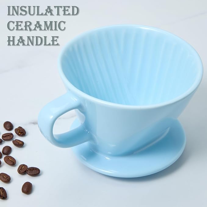 Pour Over Coffee Dripper, Ceramic Pour Over Coffee Maker, Blue | 3 Holes Flat Bottom, Easy Manual Brew Maker, Porcelain Slow Filter Cone for Travel, Camping, Office, Home