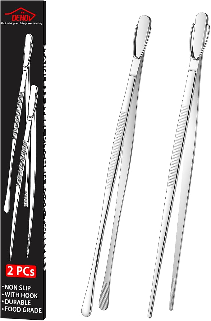 DEHOV 12 Inch Stainless Steel Kitchen Long Food Tweezers For Cooking,Metal Pasta Tongs,Skinny Chef Spaghetti Tongs