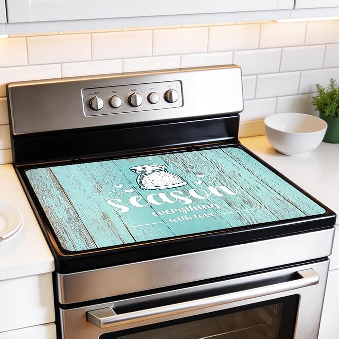 Season Everything With Love Teal Farmhouse Stove Top Cover | Teal turquoise farmhouse kitchen decor; non-slip stovetop cover for electric, gas, glass top stove, cottage counter mat