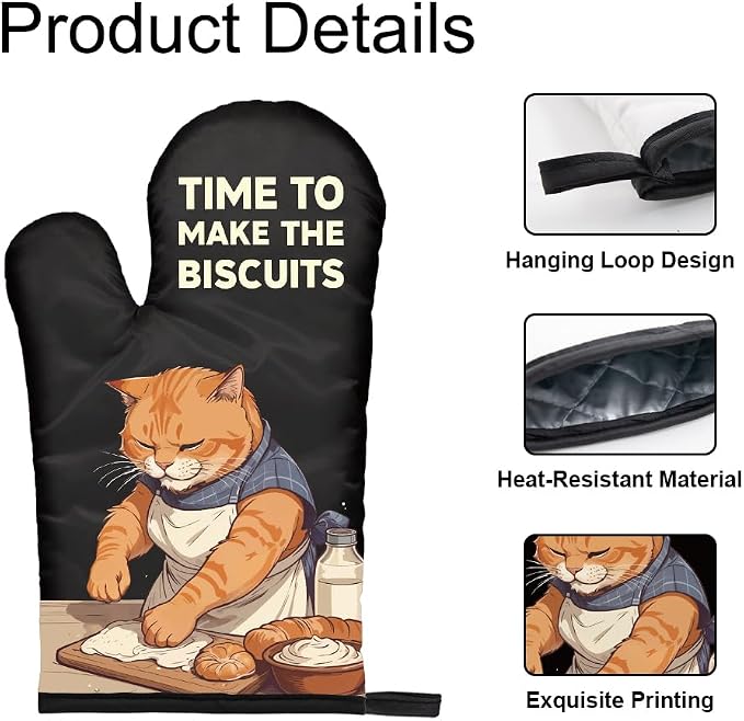 DYJYBMY Time to Make The Biscuits Funny Cat Oven Mitts and Pot Holder Set, Cute Kitchen Gadgets for Pet Lover, Housewarming Gifts for Cat Mom Dad, Bake Lover Gifts for Mom Dad Wife Husband BFF (HS)