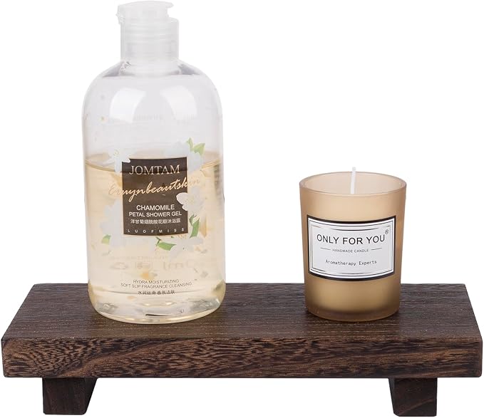 Wood Bathroom Tray Farmhouse Decor Kitchen Soap Holder 8.7"x3.6" Dark Brown | Waterproof, Lightweight, Easy Clean, Small Wooden Riser Pedestal Stand Accessories for Office Desk, Vanity, Counter, Sink