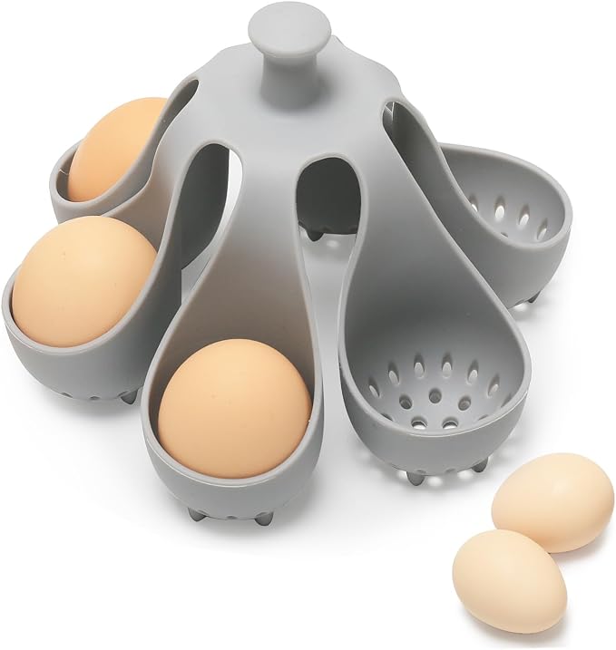 Silicone Egg Boiler Rack for Hard Soft Boiled Eggs, Food Grade Silicone Egg Boiler Cooker with 6 Holders, Kitchen Gadget for Cooking/Serving Eggs with Handle, Dishwasher Safe