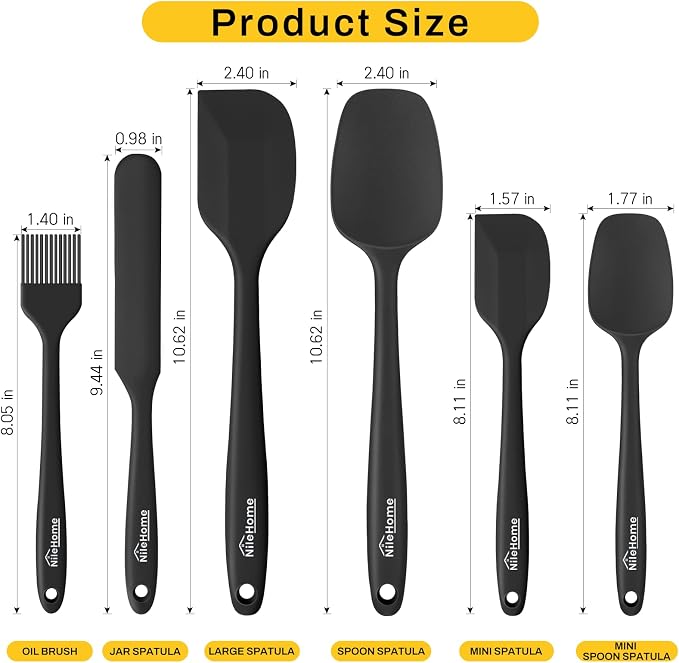 NileHome Silicone Spatula Set, 6 Pieces Food Grade Kitchen Utensils with Silicone Brush Heat Resistant Up to 600°F Dishwasher Safe BPA-Free Rubber Spatula for Scraping, Baking, Cooking, Mixing-Black