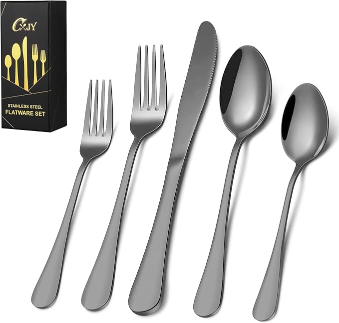 Black Silverware Set for 8, 40 Pieces Stainless Steel Flatware Cutlery Set, Mirror Polished Tableware Kitchen Utensil Set, Include Knives Spoons Forks, Dishwasher Safe (Shiny Black)