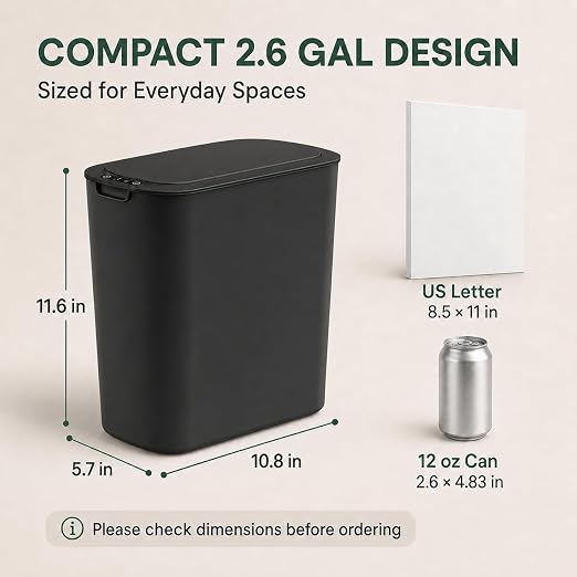 TIPGO Automatic Small Bathroom Trash Can with Lid, 2.6 Gallon, Black | Motion Sensor, Plastic, Touchless, Odor Control, Smart Garbage Can, Battery Operated, Manual Button, for Bedroom, Office,RV