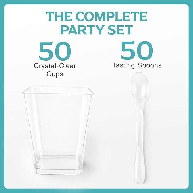 50 Pack 5 oz Plastic Dessert Cups with Spoons, Banana Pudding | 100 pcs serves 50; disposable clear shooters for party, individual yogurt parfait, jello, fruit trifle, mousse, cake