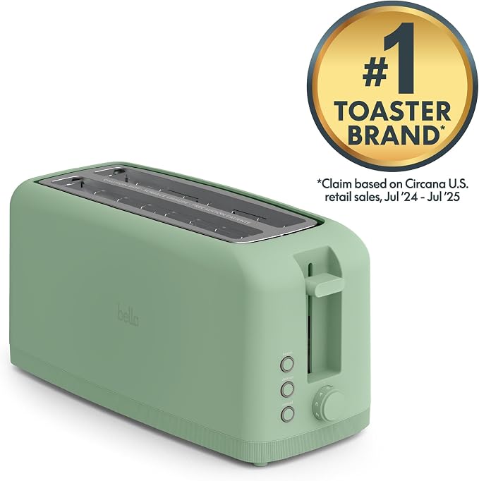 bella Fits-Anywhere™ Slim Toaster, 4 Slice Extra Long & Wide Slot, Seaglass