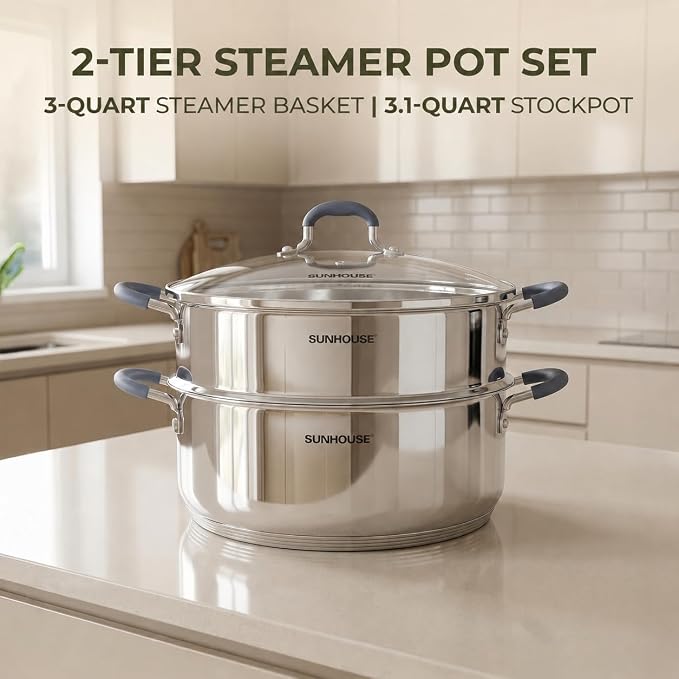 SUNHOUSE 3.1 QT Stainless Steel Steamer Pot for Cooking Vegetables | Steaming Pot with Glass Lid & Steamer Basket - 2 Tier Tri-ply Stovetop Steamer For Vegetable, Veggie - Induction Compatible