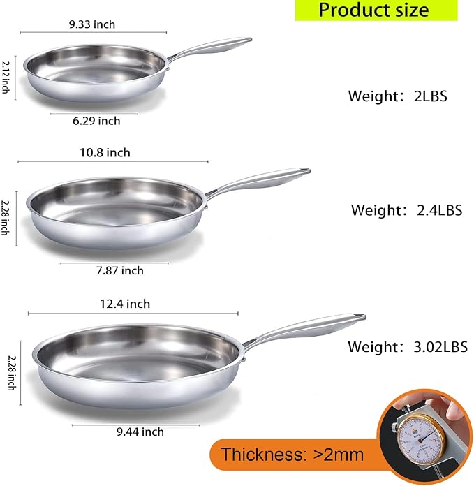 DELARLO Tri-Ply Stainless Steel Frying Pan Set 8”/10”/12”kitchen skillet | Stainless Steel Pan Cooking Heat fast and evenly Compatible with All Cooktops Dishwasher and Oven Safe