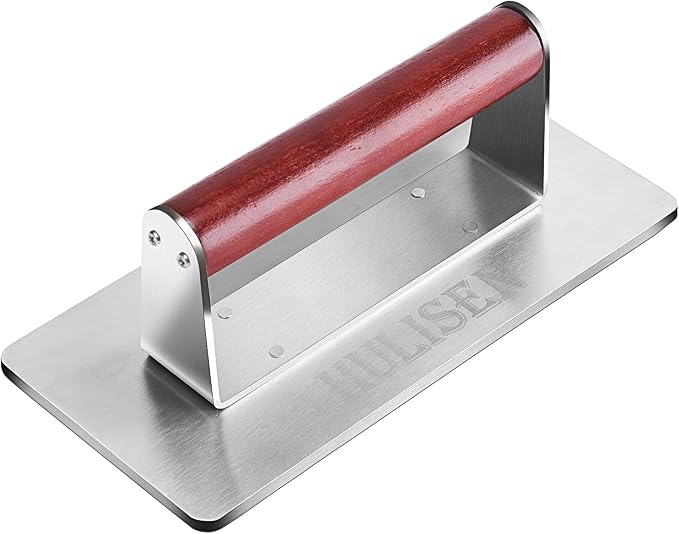 HULISEN Stainless Steel Bacon Press, 9 Inch Large Heavy Duty Burger Press with Wood Handle, Non-stick Grill Press for Griddle, Steak Weight Griddle BBQ Accessories for Panini, Sandwiches, Gift Package | Wood Handle, Long Rectangular Flat Edge, Reduce B...