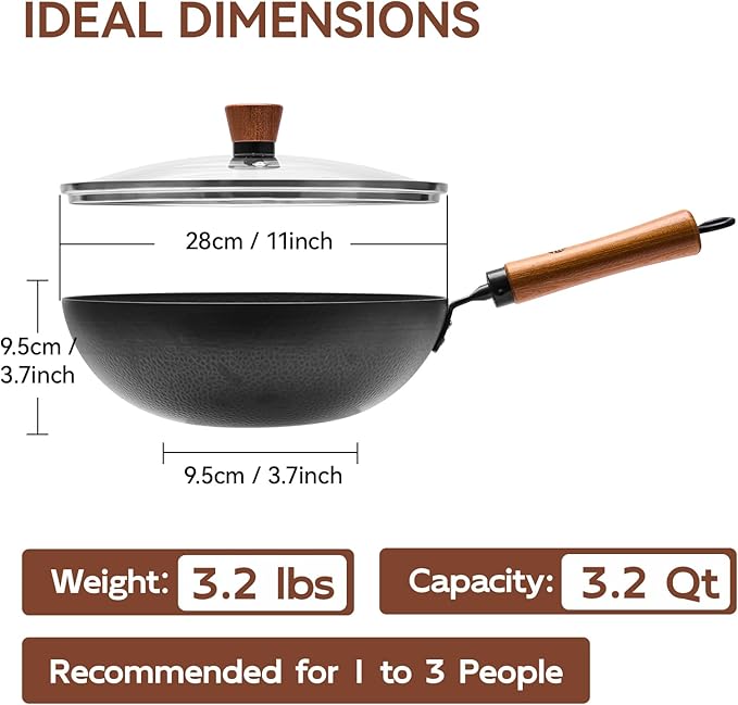 WANGYUANJI 11 Inch Round Bottom Iron Wok, Hand-Hammered Uncoated Wok with Wooden Handle, Traditional Stir-Fry Pan for Gas Stove or Wok Ring, Not for Flat Cooktops
