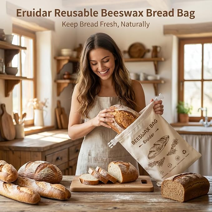 Beeswax Bread Bags for Sourdough & Homemade Bread (2 Pack) | XL 13"x17" Reusable Organic Cotton Bees Wax Bread Bag, Alternative to Bread Box, Natural & Easy to Clean (Rustic Bread Print)