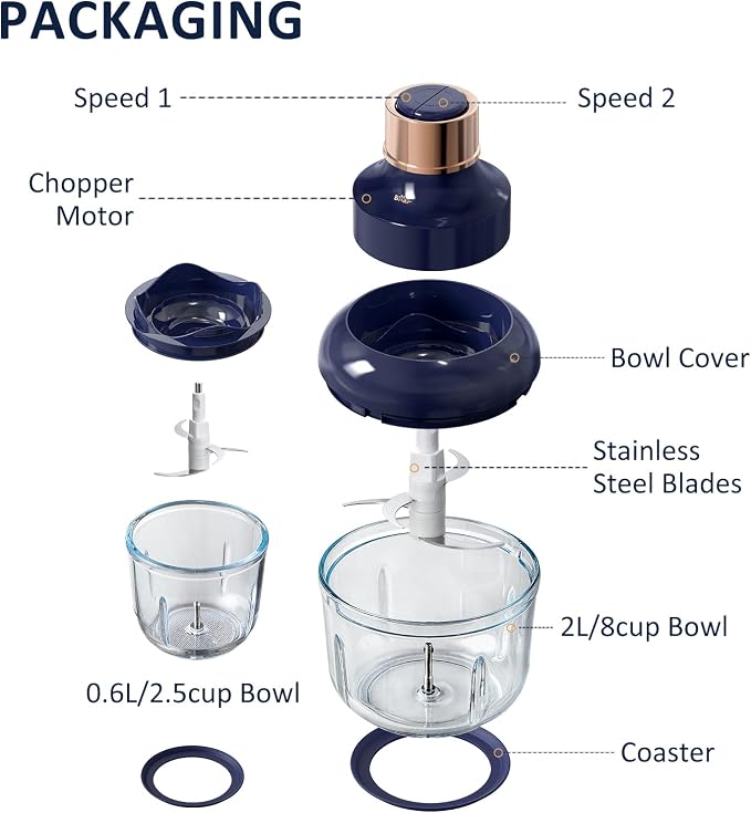 Bear Food Processor, Electric Food Chopper with 2 Glass Bowls (8 Cup+2.5 Cup), 400W Power Grinder with 2 Sets Stainless Steel Blades, 2 Speed for Meat, Vegetables, and Baby Food | Dishwasher safe, 2 sets stainless steel blades, Ideal for meat, vegetabl...