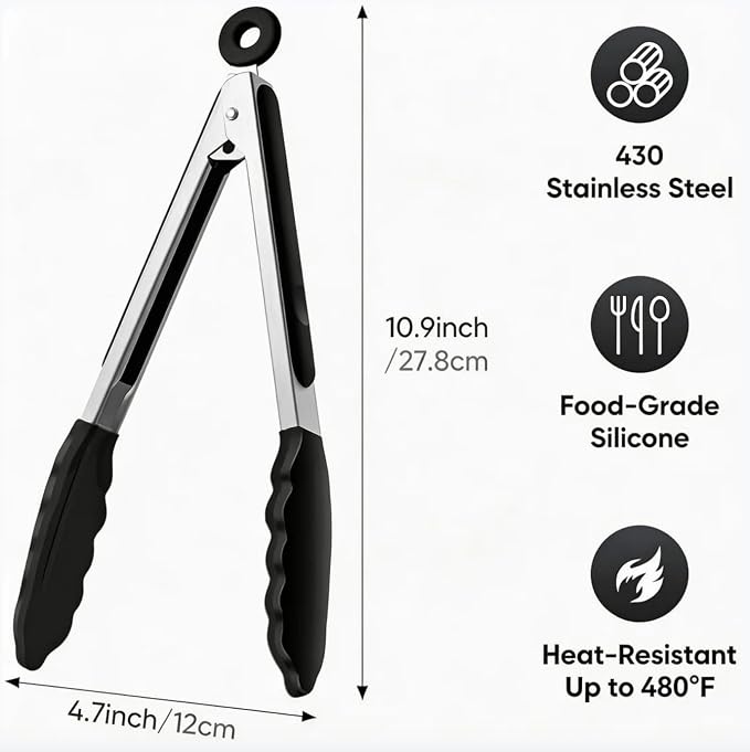 9 Inch Kitchen Tongs, Stainless Steel Cooking Tongs with Silicone Tips | For Cooking/Serving/Grilling | Heat-Resistant | Food-Grade Material | Dishwasher Safe | Black