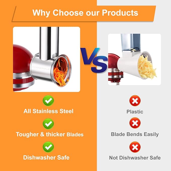 Large Stainless Steel Slicer Shredder Attachment for KitchenAid Mixers | Dishwasher Safe, 304 Stainless Steel Vegetable Cheese Grater Accessories with 4 Cutting Blades by KINGEAGLE