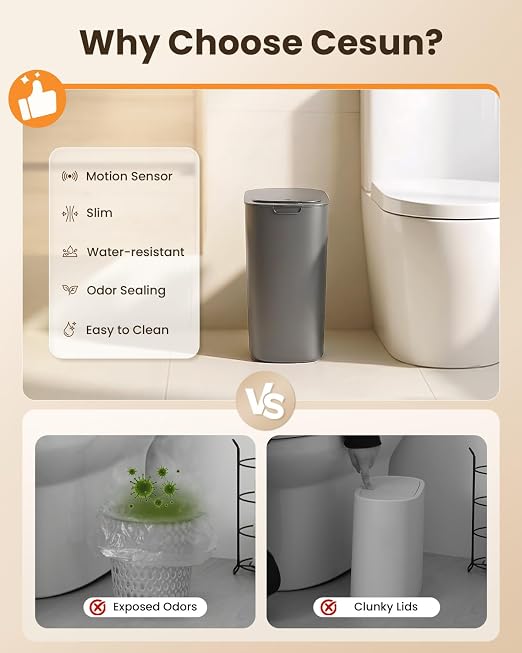 Cesun 5 Gallon Automatic Bathroom Trash Can with Lid, Grey, Touchless | Motion Sensor, Slim, Small Smart Garbage Bin, Plastic, Battery Operated, Manual Button, for Office/RV/Bedroom/Living Room