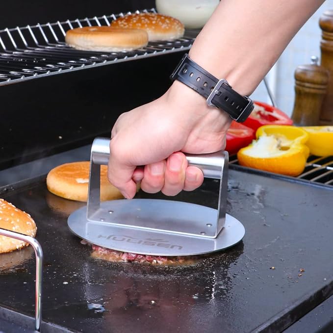 HULISEN Stainless Steel Burger Press, 6.2 inch Round Burger Smasher, Professional Griddle Accessories Kit, Grill Press Perfect for Flat Top Griddle Grill Cooking | Flat Edge, Even Pressure for Thin Patties, Dishwasher Safe, Griddle Accessories Fit Flat...