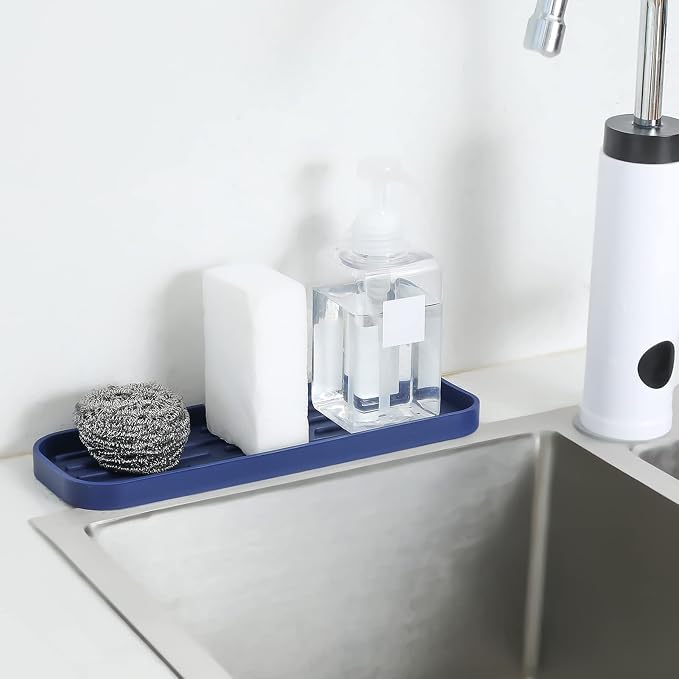 MicoYang Silicone Kitchen Sink Organizer Tray for Multiple Usage,Eco-Friendly Sponges Holder for Kitchen Bathroom Counter or Sink,Dish Soap Dispenser,Scrubber,Bottle,Cup (Navy Blue, 12"×4")