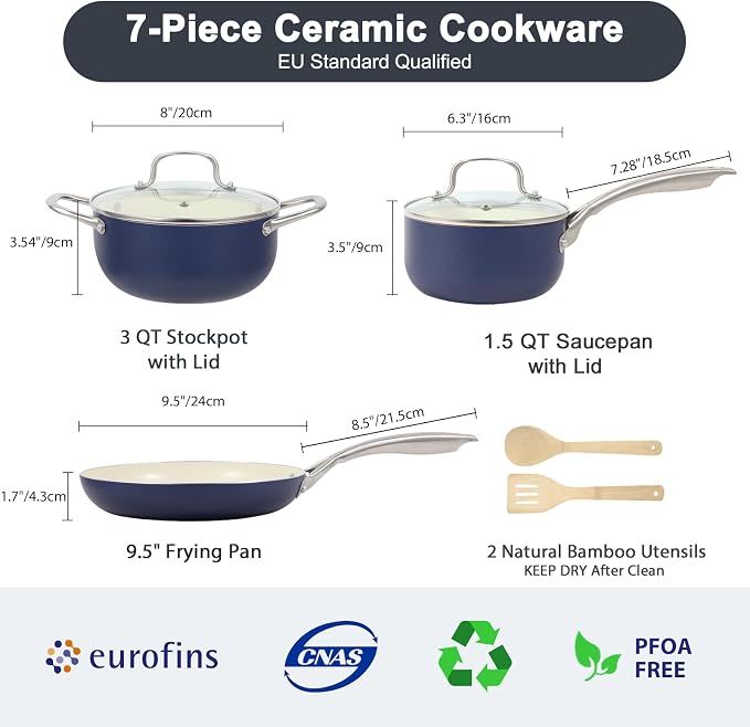 M MELENTA Pots and Pans Set 7 piece, Non Stick Blue Ceramic Cookware Set | Compact Starter Cookware, Nonstick Pots and Pans Set, Induction Cookware, Kitchen Cooking Set, Oven Safe, PFAS & PFOA Free