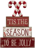 Lineshading 4 Pcs Christmas Table Decorations, Red White Candy Wood Signs | Crossed Candy with Mint, Christmas Tiered Tray Decor, Red White Winter Rustic Sign, for Shelf Kitchen Home Table Centerpiece