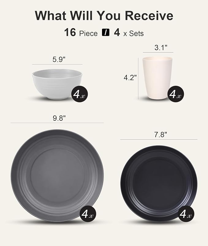 Quatish 16 Pcs Unbreakable Plates and Bowls, Plastic Dinnerware Sets for 4, Reusable Dish Set for Camping, Dishwasher Microwave Safe, Outdoor Kitchen and Apartment Dinning RV Essentials, Grey