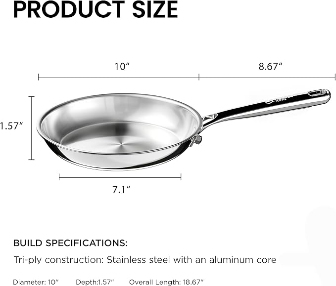COOKER KING 10 Inch Stainless Steel Frying Pan, Skillet, Induction Pan | Rivetless & Non-Toxic, Fast & Even Heating, Oven & Dishwasher Safe, Metal Utensil Safe, Perfect for Steaks and Everyday Meals
