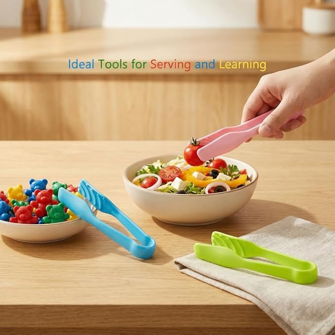 3Pcs Tongs for Kids Mini Colored Plastic Cooking Tongs and Tweezers for Toddler Fine Motor Skills Small Kid Tong for Serving Appetizers Baking Salad Grilling and Kitchen Use(5.7 Inch)