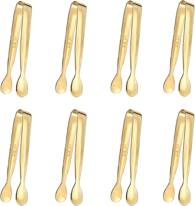 8PCS Gold Mini Metal Tongs, 4.25" Stainless Steel Tiny Tong, Small Kitchen Accessories for Serving Food, Ice, Sugar Cube, Salad, Toaster, Desserts