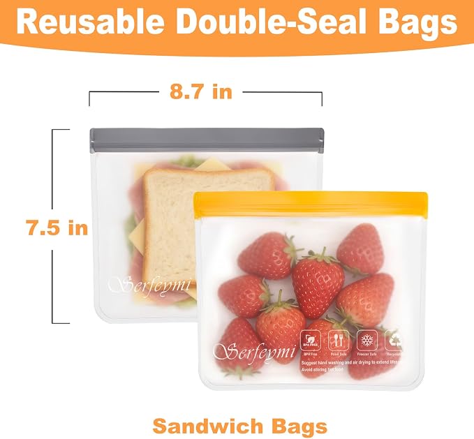 Serfeymi 10 Pack Reusable Freezer Sandwich Bags Dishwasher Safe, Extra Thick Reusable Plastic Bags BPA Free,Quart Freezer Food Storage Bags for Sandwich Containers, Travel, Food, Meat, Vegetable